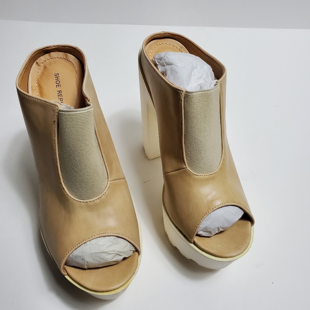 Shoe Republic LA Tan Peep Toe Mules